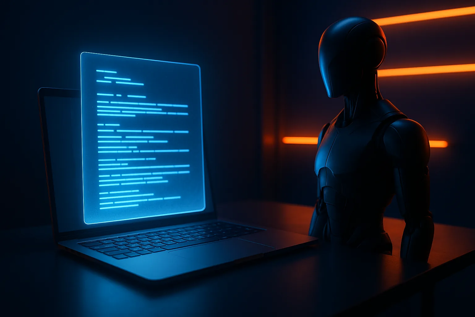 Assistant IA rédigeant un article de blog avec une courbe de classement Google