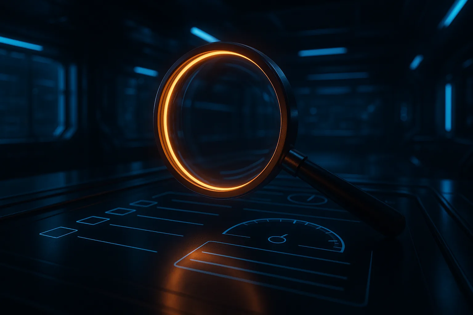 Loupe lumineuse au-dessus d'un tableau de bord d'audit abstrait