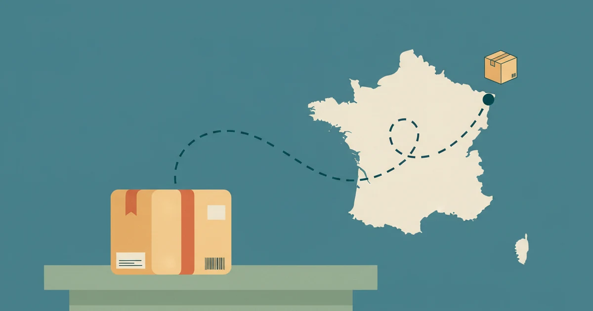 Un colis scellé sur un bureau en bois, relié par une ligne pointillée à une carte de France et à une petite icône de carton, symbolisant l'expédition directe du fournisseur au client.