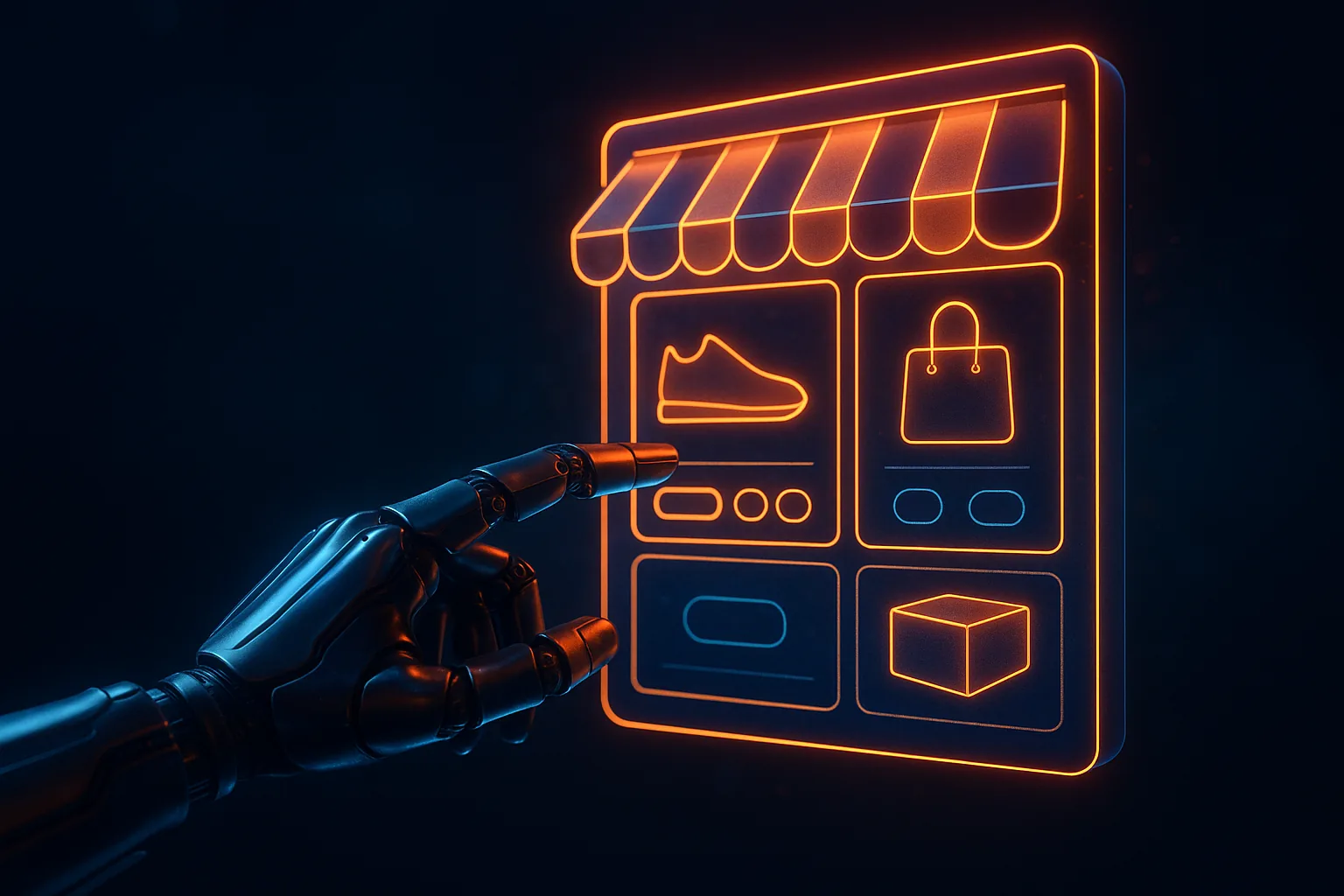 Interface futuriste d'une boutique e-commerce pilotée par l'intelligence artificielle