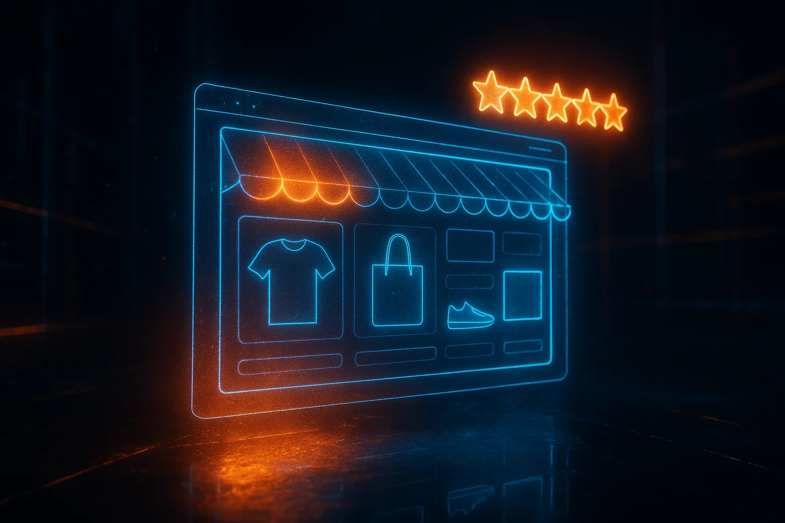 Boutique e-commerce futuriste avec une note de cinq étoiles en néon orange
