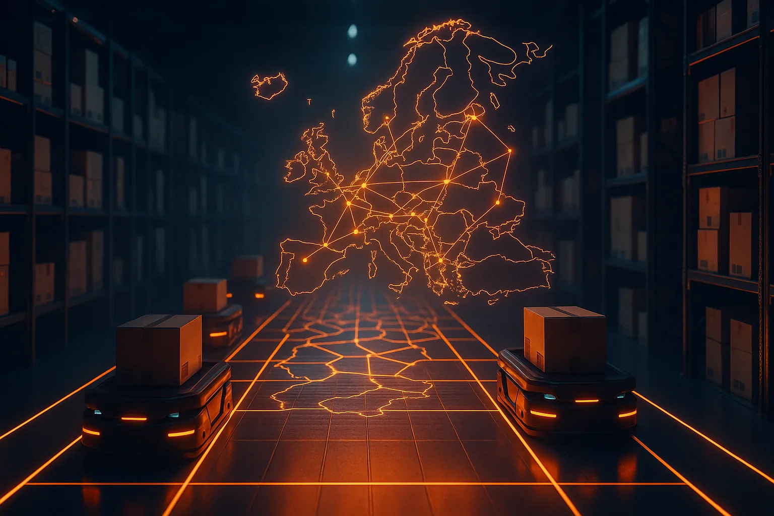 Entrepôt logistique européen automatisé avec carte holographique de l'Europe pour le dropshipping