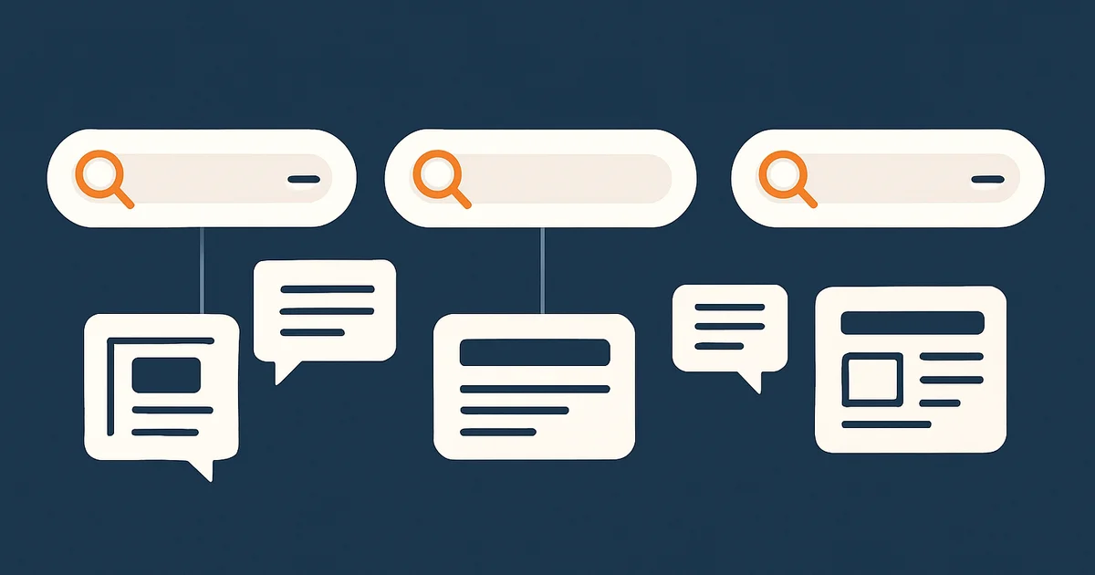 Illustration abstraite : interfaces de recherche et bulles de conversation, style flat design sans texte